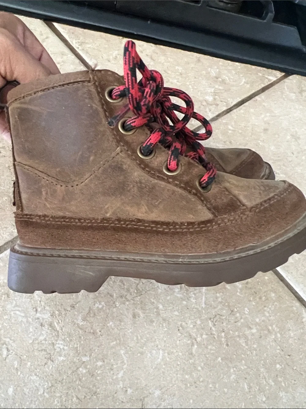 UGG Brown Kids High-Top Boots with Red & Black Laces